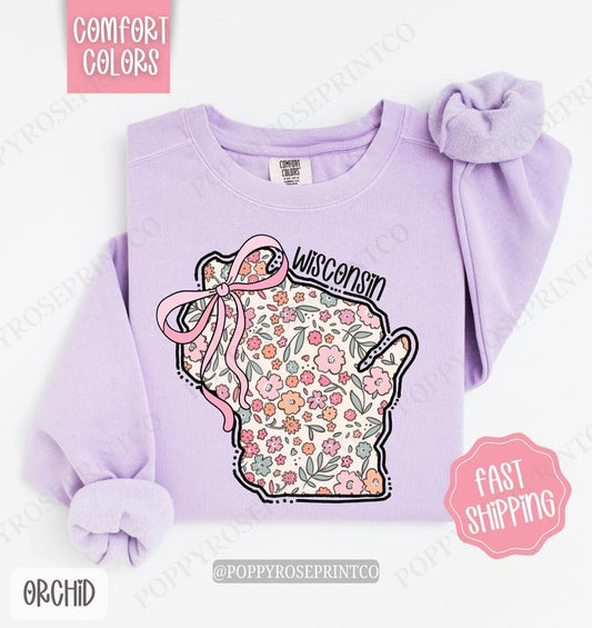 Wisconsin Floral Bow Comfort Colors Sweatshirt, Cute Trendy State Coquette Pullover