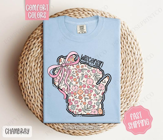 Wisconsin Floral Bow Comfort Colors T-shirt, Cute Trendy Tee, State Coquette Oversized Top