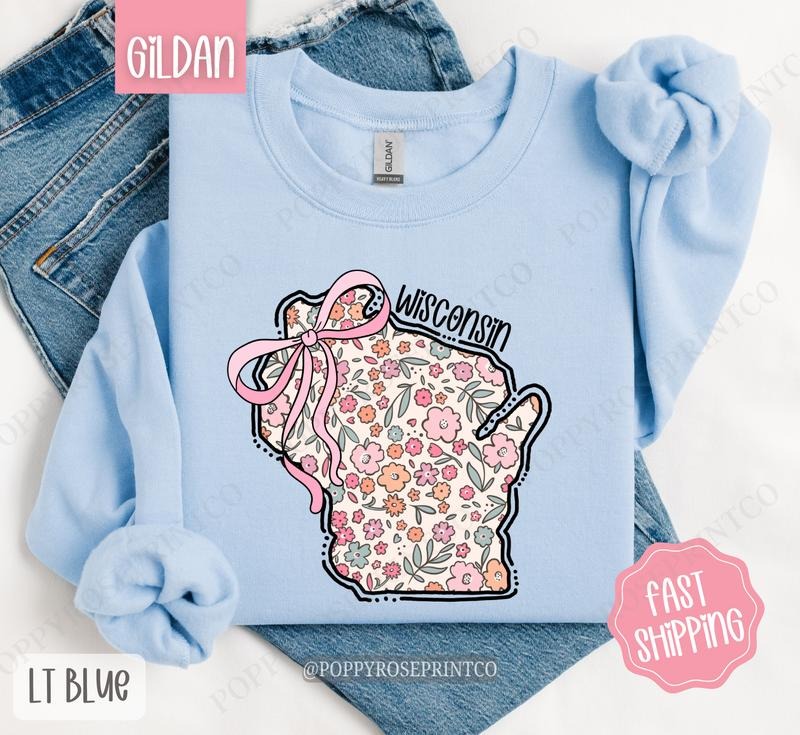 Wisconsin Floral Bow Gildan Sweatshirt, Cute Trendy State Coquette Pullover