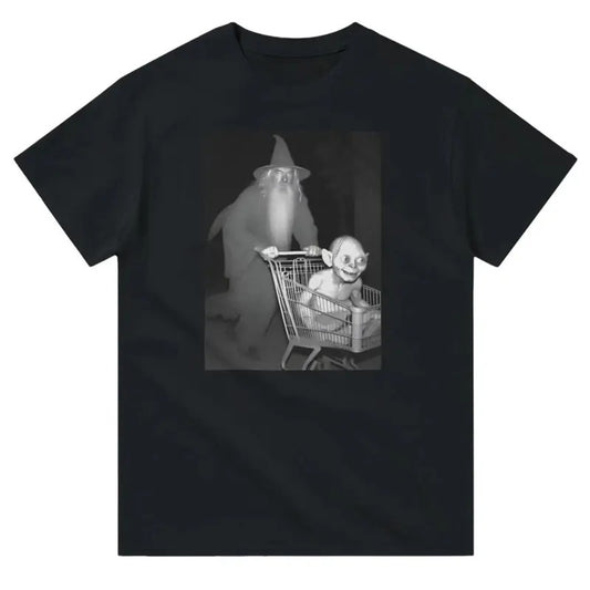 Wizard Pushing a Goblin into a Shopping Cart at Night - Funny Graphic Tee  Top