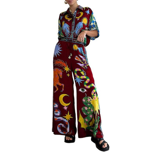 Women 2 Pieces Graffiti Pants Sets Casual Long Sleeves Lapel Button Shirt Matching Drawstring Wide Leg Pants Pjs Suits Vintage Beachwear Streetwear
