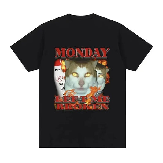 Women Funny Monday Left Me Broken Cat Meme Vintage Graphic Tee Cotton Casual Short Sleeve T-shirt Fashion Oversized T-shirts, Round Neck Crewneck