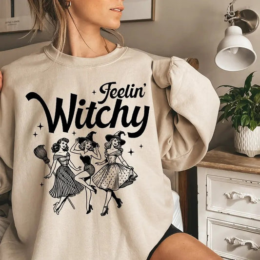Women Halloween Sweatshirt, Vintage Feelin' Witchy Girly Sweater, Funny Witch Cute Halloween Shirt, Trendy Girly Halloween Gift