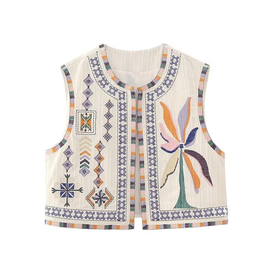 Women Vintage Embroidery Vest Grunge Sleeveless Round Neck Open Front Jackets Boho Autumn Outwear