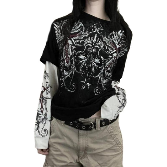 Women Y2K  Fake Two-Piece T-Shirts Vintage Graphic Print Round Neck Long Sleeve Patchwork Oversized Shirts Fashion Punk Gothic Loose Casual Streetwear