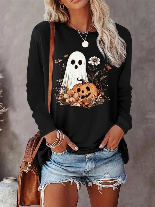 Women's   Ghost Print Round Neck Tee, Casual Long Sleeve Crew Neck T-shirt for Fall & Winter, Women's Top for Daily Wear