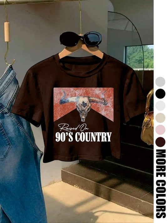 Women's "90's Country" Print Round Neck Crop Tee, Vintage Trendy Casual Short Sleeve T-shirt for Daily Wear, Ladies Summer, Top