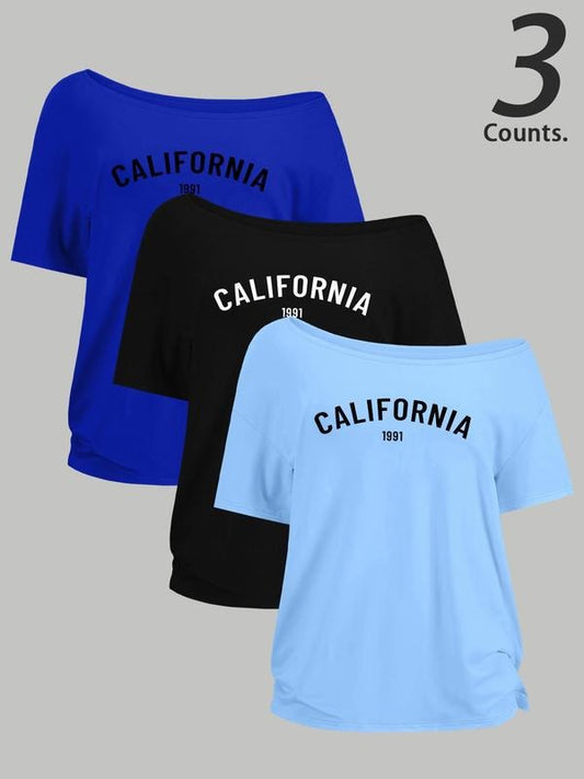 Women's "CALIFORNIA" Letter Print One Shoulder Tee, Casual Trendy Short Sleeve T-shirt for Daily Wear, Ladies Summer, Top