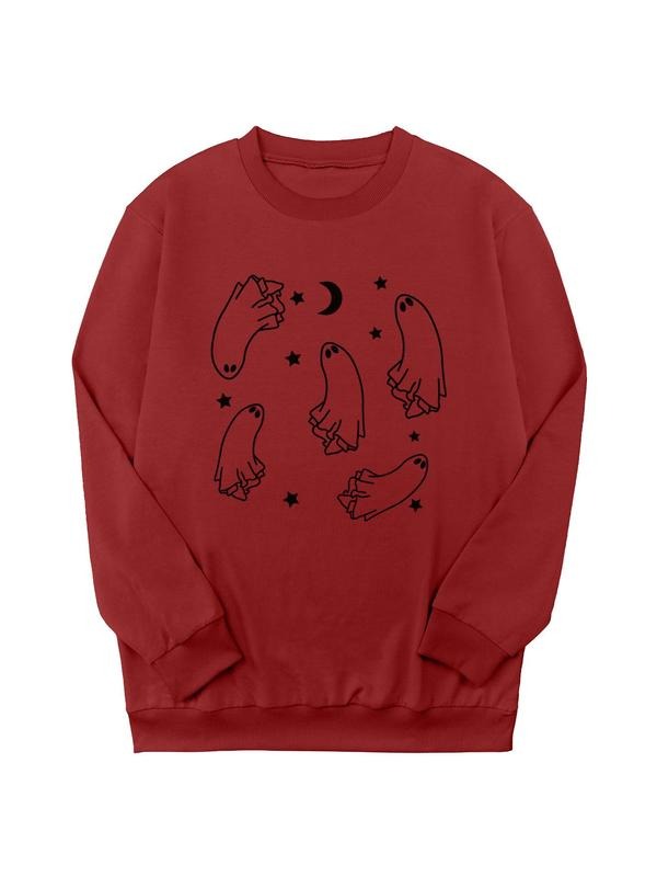 Women's  Ghost Print Crew Neck Sweatshirt, Casual Long Sleeve Pullover Sweatshirt for Daily Wear, Ladies Clothing for Fall & Winter