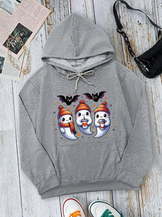 Women's  Ghost Print Drop Shoulder Hoodie, Fashion Casual Drawstring Pocket Hooded Sweatshirt for Daily Holiday Outdoor Wear, Women Clothing for Fall & Winter
