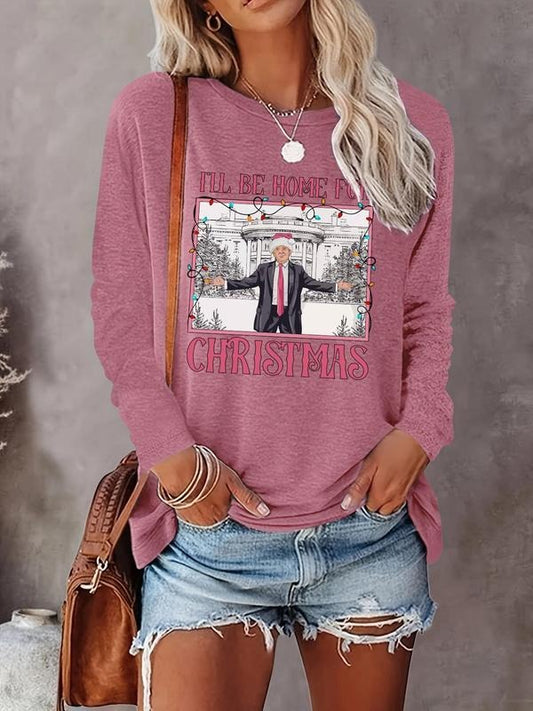 Women's "I'LL BE HOME FOR CHRISTMAS" Christmas Letter & Figure Print Round Neck Tee, Casual Long Sleeve Crew Neck T-Shirt for Fall & Winter, Women's Clothes for Daily Wear