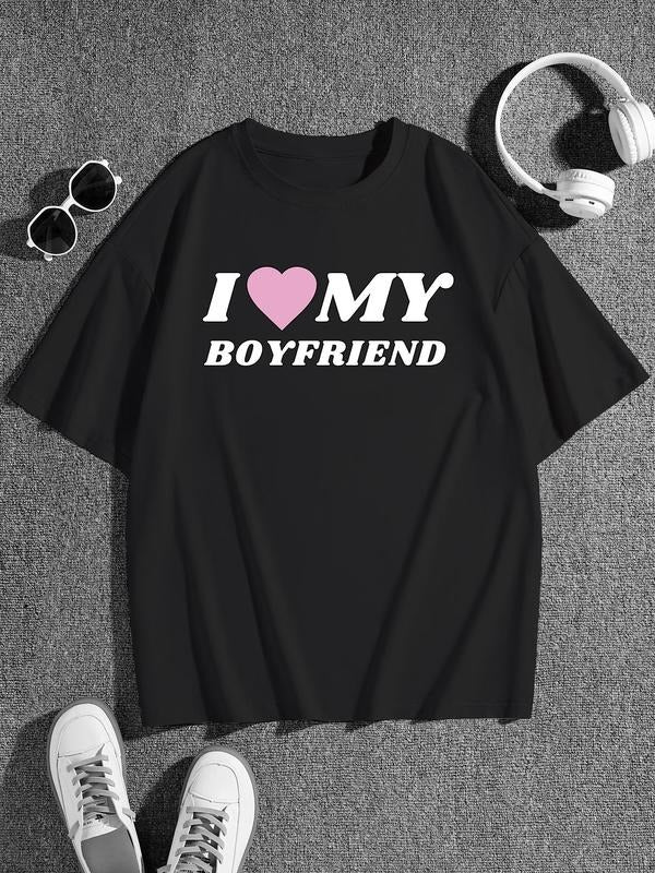 Women's "I Love My Boyfriend" Print Drop Shoulder Tee, Summer Clothes Women Casual Short Sleeve Round Neck T-shirt for Summer, Women's 2024 Trendy Baggy Top for Daily Wear Valentine's Day, gift
