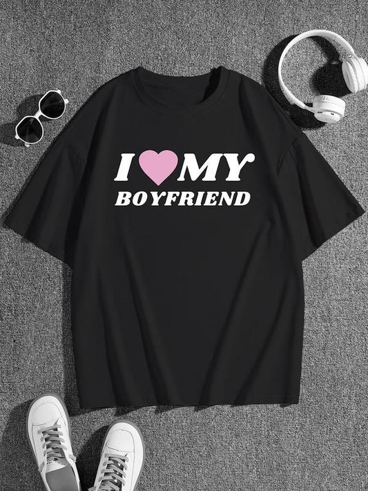 Women's "I Love My Boyfriend" Print Drop Shoulder Tee, Summer Clothes Women Casual Short Sleeve Round Neck T-shirt for Summer, Women's 2024 Trendy Baggy Top for Daily Wear Valentine's Day, gift