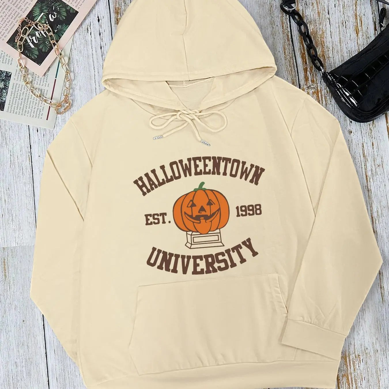 Women's  Letter & Pumpkin Print Drop Shoulder Hoodie, Halloween Fashion Casual Drawstring Pocket Hooded Sweatshirt for Daily Holiday Outdoor Wear, Women Clothing for Fall & Winter