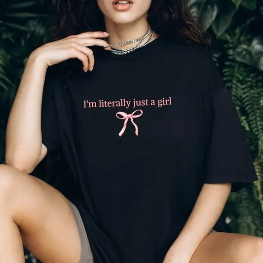 Women's "i'm A Literally Just A Girl" Slogan & Bow Print Round Neck Crop Tee, Fashion Casual Short Sleeve T-shirt for Daily Holiday Vacation Outdoor Wear,  Vintage Graphic Tees, T Shirts for Women, Ladies Clothes for Summer