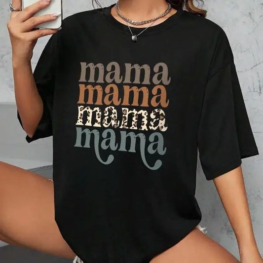 Women's "mama" Letter Print Round Neck Tee, Vintage Trendy Casual Drop Shoulder Half Sleeve T-shirt For Daily Wear, Back To School Outfits, Graphic Tees, Ladies Summer Outfit
