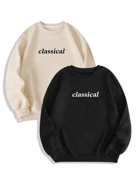 Women's 2pcs Letter Print Drop Shoulder Sweatshirt, Casual Long Sleeve Crew Neck Pullover For Fall & Winter, Women's Clothes For Daily Wear