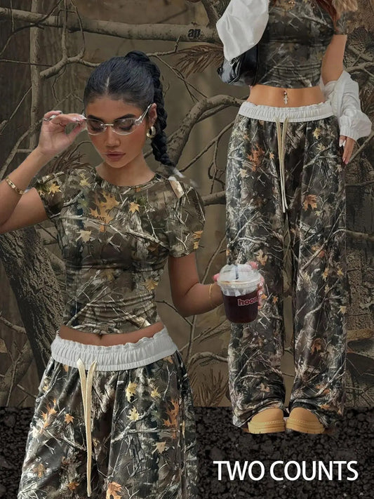 Women's All Over Print  Crop Tee & Pants Two-piece Set, Casual Round Neck Short  Sleeve Top & Trousers for Spring, Ladies Clothes for Daily Wear