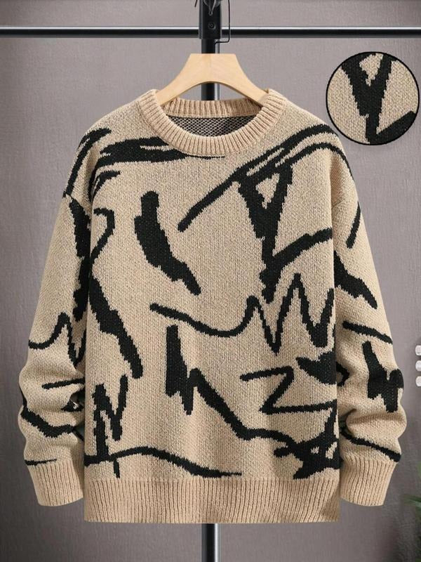 Women's All Over Print Drop Shoulder Sweater, Casual Long Sleeve Round Neck Jumper for Fall & Winter, Fashion Ladies' Knitwear for Daily Wear