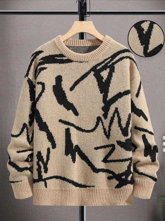 Women's All Over Print Drop Shoulder Sweater, Casual Long Sleeve Round Neck Jumper for Fall & Winter, Fashion Ladies' Knitwear for Daily Wear