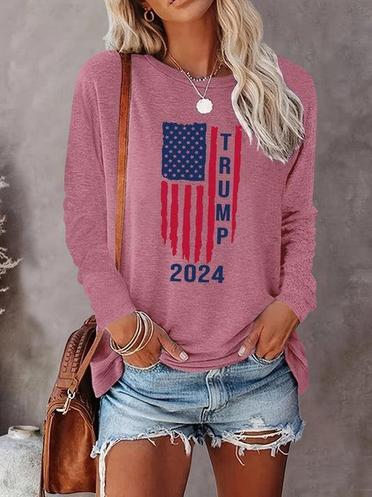Women's American Flag Print Round Neck T-shirt, Casual Long Sleeve Crew Neck T-shirt for Daily Wear, Ladies Clothes for All Seasons