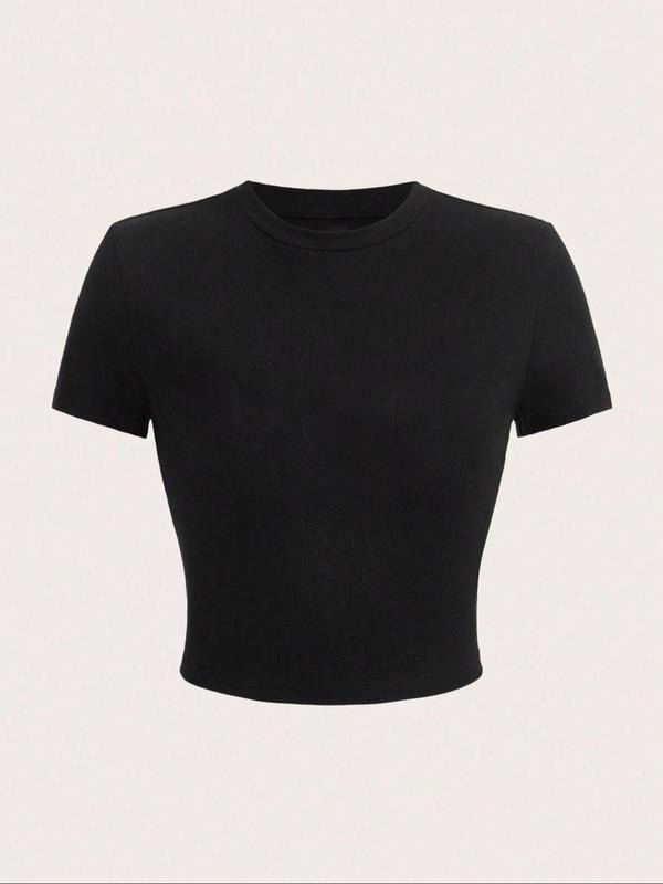 Women's Basic Solid Round Neck Crop Tee, Trendy Casual Short Sleeve T-shirt for Daily Wear, Ladies Summer Outfit