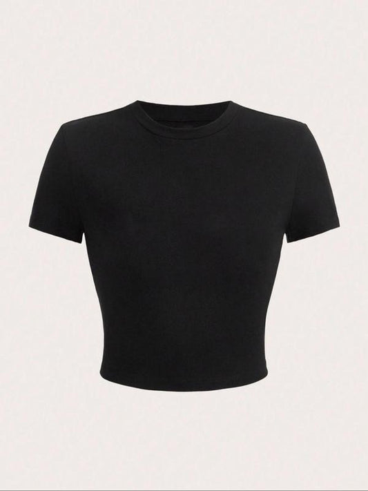 Women's Basic Solid Round Neck Crop Tee, Trendy Casual Short Sleeve T-shirt for Daily Wear, Ladies Summer Outfit