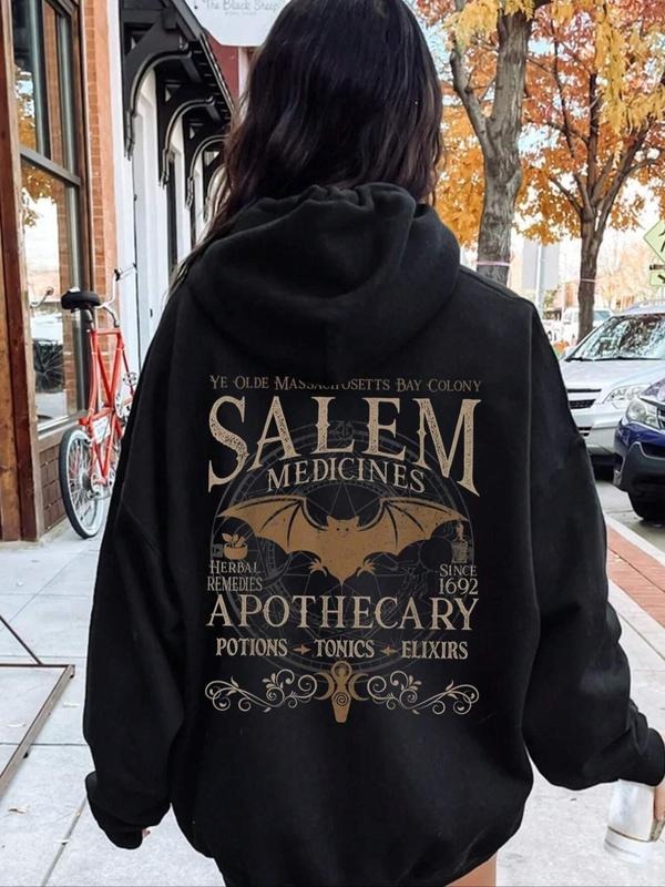 Women's Bat & Letter Print Drop Shoulder Hoodie, Fashion Casual Drawstring Pocket Hooded Sweatshirt for Daily Holiday Outdoor Wear, Women Clothing for Fall & Winter