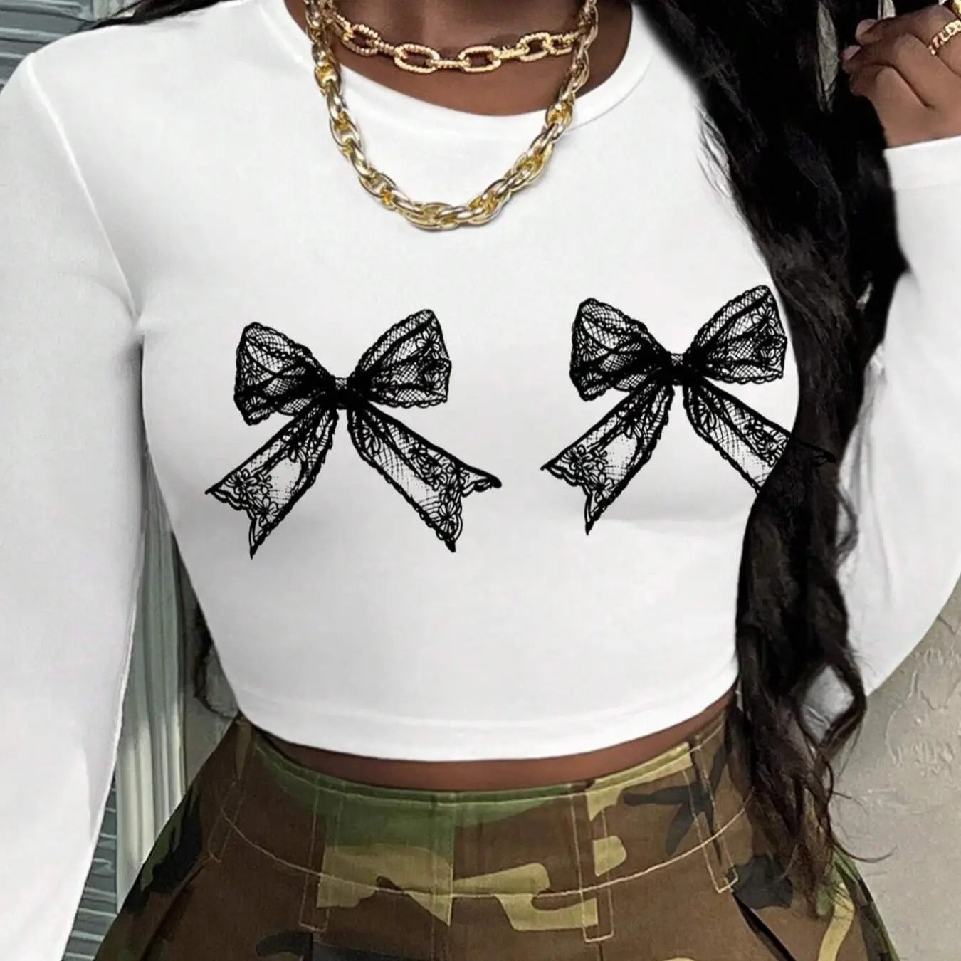 Women's Bow Print Round Neck Crop Tee, Casual Long Sleeve Crew Neck T-shirt for Daily Wear, Ladies Clothes for All Seasons