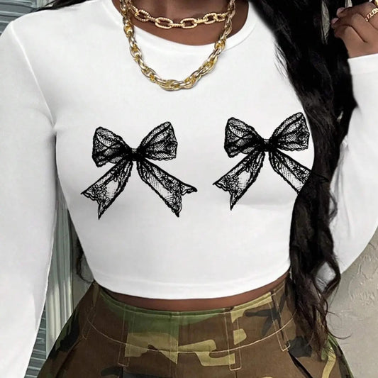 Women's Bow Print Round Neck Crop Tee, Casual Long Sleeve Crew Neck T-shirt for Daily Wear, Ladies Clothes for All Seasons