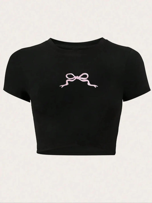 Women's Bow Print Round Neck Crop Tee, Casual Short Sleeve Crew Neck T-shirt for Summer, Fashion Women's Top for Daily Wear