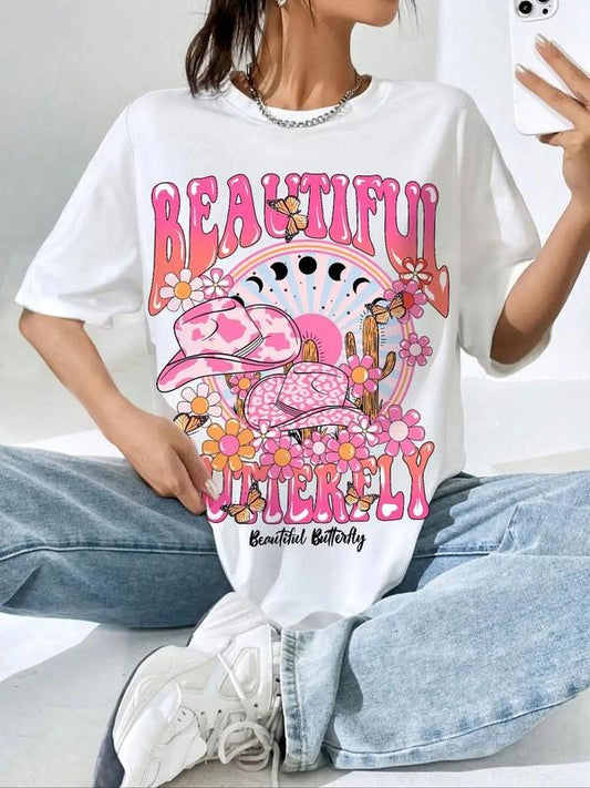 Women's Butterfly & Letter Print Round Neck Drop Shoulder Tee, Trendy Casual Plants Print Half Sleeve Crew Neck T-shirt for Daily Wear, Ladies Summer Outfit