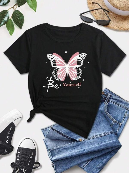 Women's Butterfly & Letter Print Round Neck Graphic Tee, Vintage Trendy Casual Short Sleeve T-shirt For Daily Wear, Ladies All Seasons Outfit