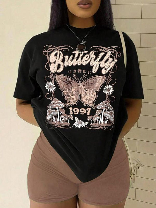 Women's Butterfly & Letter Print Round Neck Graphic Tee, Vintage Trendy Casual Short Sleeve T-shirt For Daily Wear, Ladies Summer Outfit
