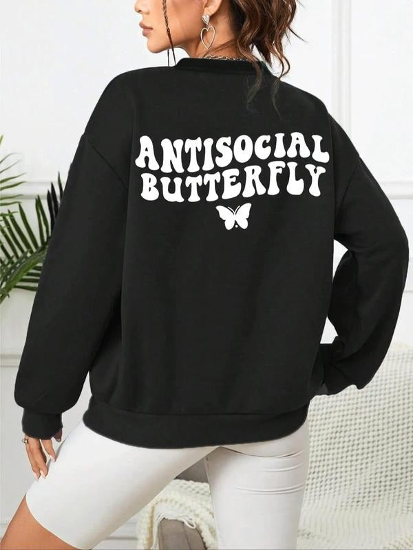 Women's Butterfly Print Drop Shoulder Pullover, Fashion Casual Round Neck Sweatshirt for Daily Outdoor Wear, Women Clothes for Spring Fall