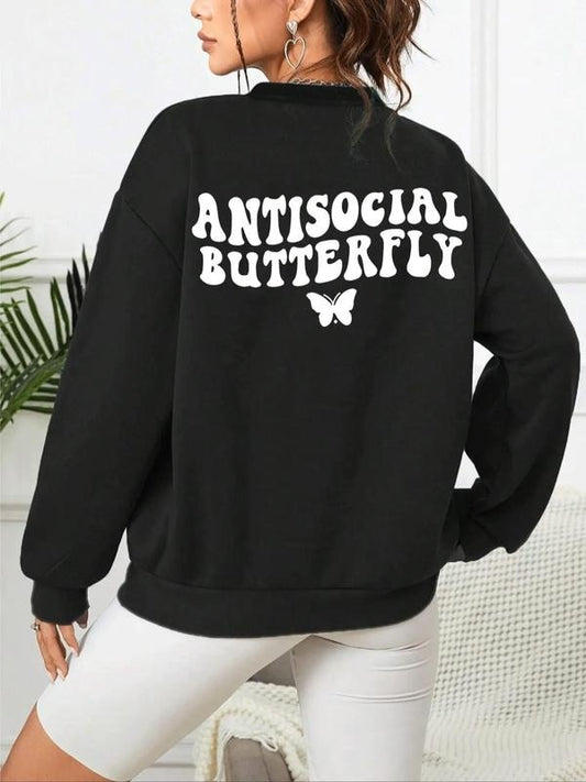 Women's Butterfly Print Drop Shoulder Pullover, Fashion Casual Round Neck Sweatshirt for Daily Outdoor Wear, Women Clothes for Spring Fall