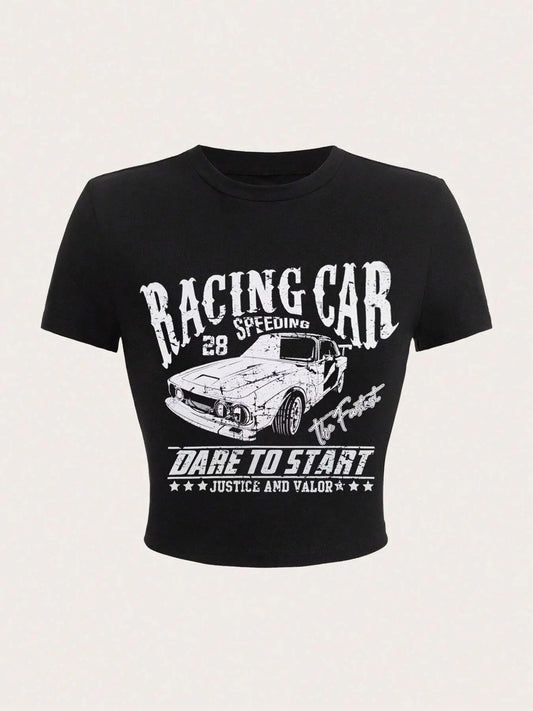 Women's Car & Letter Print Round Neck  Crop Tee, Vintage Trendy Casual Short Sleeve T-shirt for Daily Wear, Ladies Summer Outfit