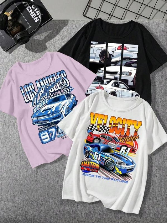 Women's Car & Letter Print Round Neck Graphic Tee, Vintage Trendy Casual Drop Shoulder Half Sleeve T-shirt for Daily Wear, Ladies Summer Outfit