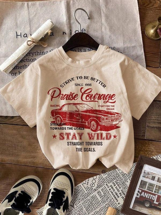 Women's Car & Letter Print Round Neck Tee Vintage Trendy Casual Short Sleeve T-shirt for Daily Wear Ladies All Seasons Outfit Sweatshirt Hoodie Comfort Colors Tops - Womenswear