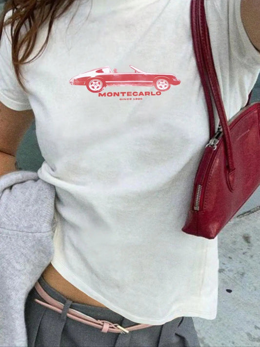 Women's Car & Letter Print Round Neck Tee, Casual Short Sleeve Crew Neck T-Shirt for Summer, Fashion Women's Top for Daily Wear