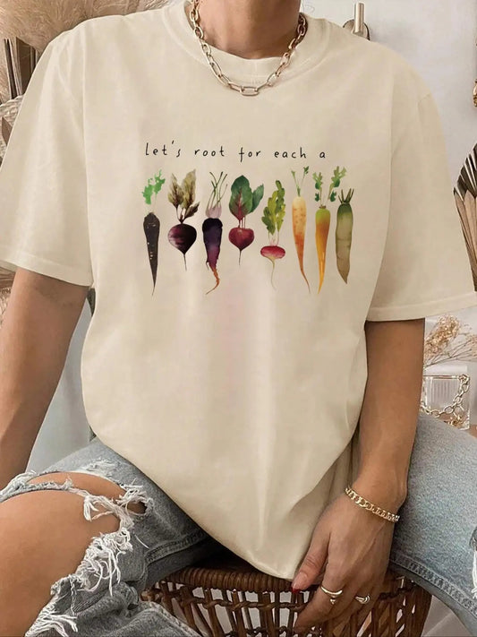 Women's Carrot & Letter Print Round Neck Tee, Trendy Casual Short Sleeve Crew Neck T-shirt for Daily Wear, Ladies All Seasons Outfit