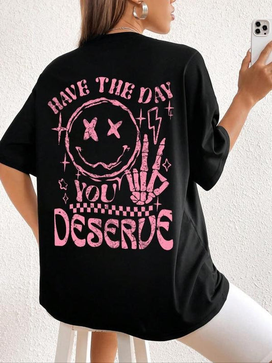 Women's Cartoon & Letter Print Drop Shoulder Tee, Fashion Casual Crew Neck T-shirt for Daily Holiday Vacation Outdoor Wear, Graphic Tees, Ladies Teen Girls Clothes Tops, Summer Tees, Going Out Tops, Womenswear, Casual Everyday Wear