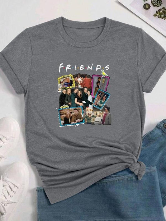 Women's Cartoon & Letter Print Round Neck Graphic Tee, Vintage Trendy Casual Short Sleeve T-shirt for Daily Wear, Ladies All Seasons Outfit, Top