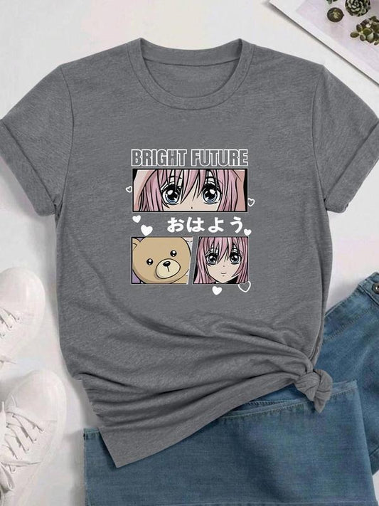 Women's Cartoon & Letter Print Round Neck Graphic Tee, Vintage Trendy Casual Short Sleeve T-shirt for Daily Wear, Ladies All Seasons Outfit, Topstyle{n002}2