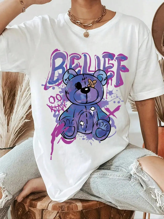 Women's Cartoon Bear & Letter Print Drop Shoulder Tee, Fashion Casual Crew Neck T-Shirt for Daily Holiday Vacation Outdoor Wear, Ladies Clothes for Summer