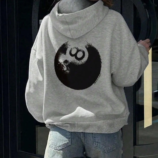 Women's Cartoon Billiards Print Drop Shoulder Hoodie, Fashion Casual Drawstring Pocket Hooded Sweatshirt for Daily Holiday Outdoor Wear, Women Clothing for Fall & Winter