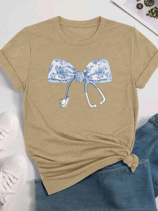 Women's Cartoon Bowknot & Stethoscope Print Round Neck Tee, Fashion Casual Crew Neck T-Shirt for Daily Holiday Vacation Outdoor Wear, Ladies Clothes for All Seasons