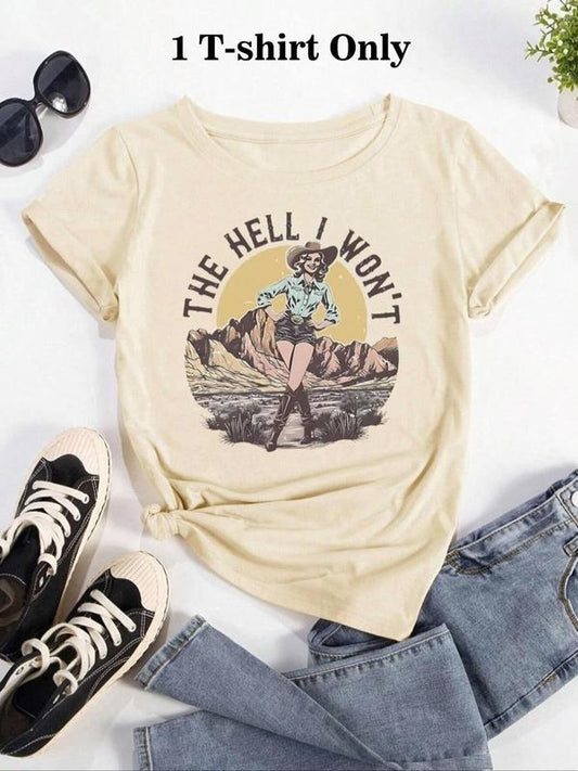 Women's Cartoon Cowgirl & Letter Print Round Neck Tee, Vintage Trendy Casual Short Sleeve T-shirt for Daily Wear, Ladies Summer Clothes