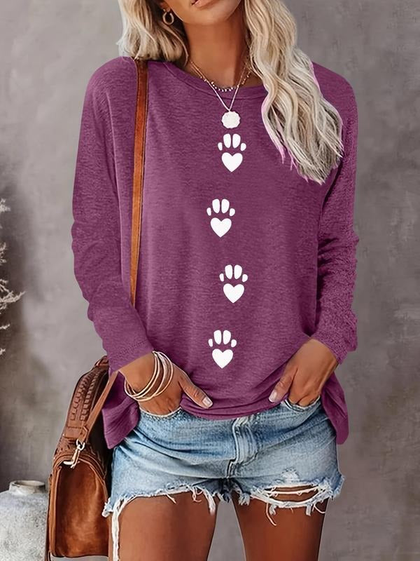 Women's Cartoon Dog Paw Print Round Neck Tee, Casual Long Sleeve Crew Neck Top for Fall & Winter, Women's Clothing for Daily Wear