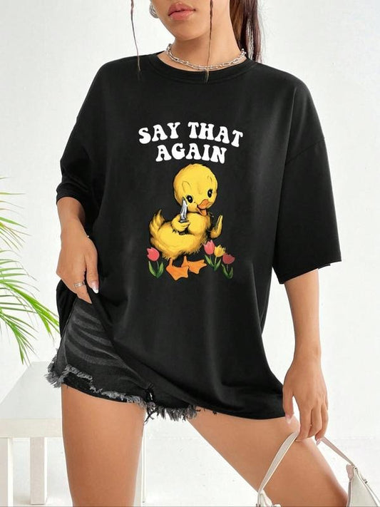 Women's Cartoon Duck Graphic Print Round Neck Graphic Tee, Trendy Casual Drop Shoulder Half Sleeve T-shirt for Daily Wear, Ladies Summer Outfit
